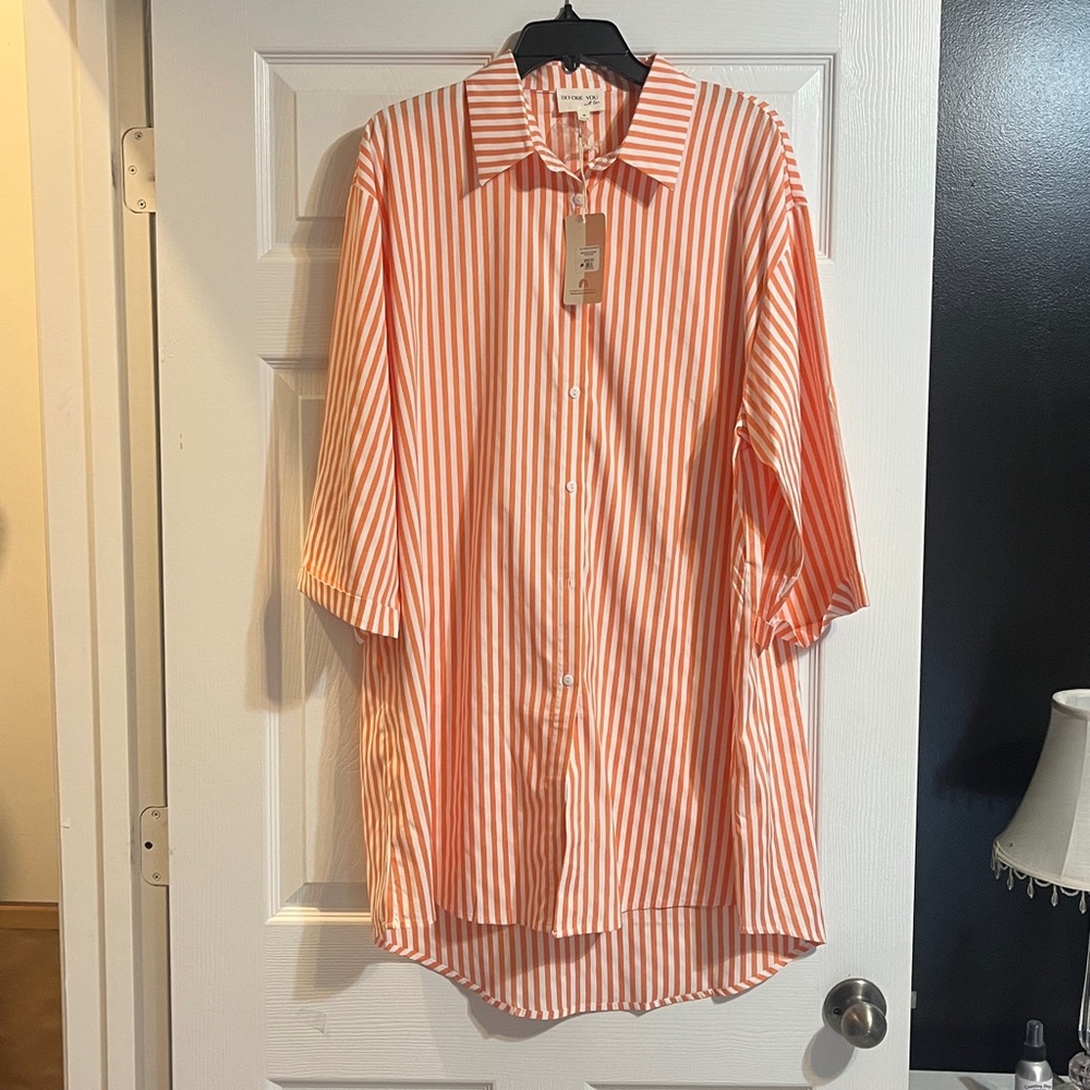NEW Medium Orange and White Striped Button-Up Shirt NEW